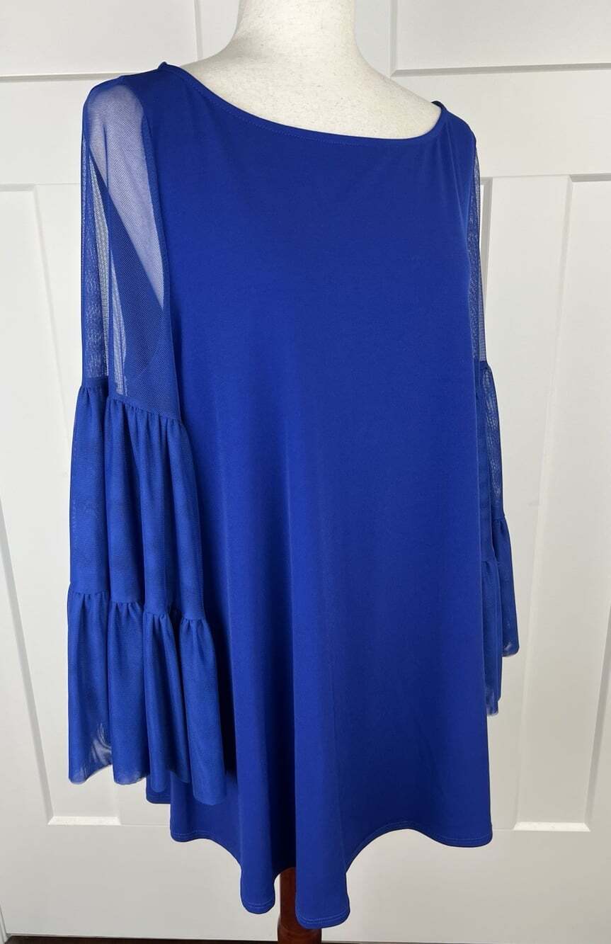 IC by Connie K Tunic Top L Blue Violet Sheer Mesh Ruffle Sleeve Made USA - Picture 5 of 7